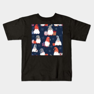Christmas Gnomes with Snowflakes and Presents on Midnight Blue Kids T-Shirt